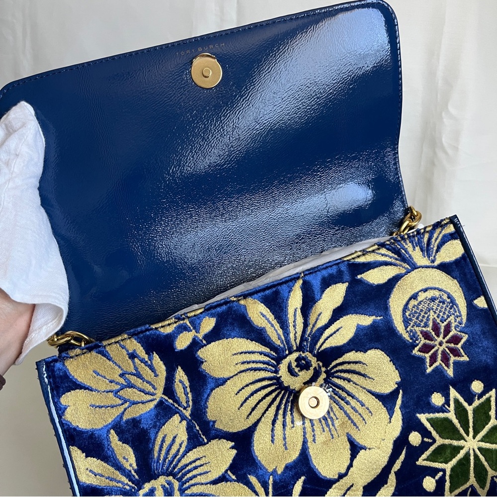 Tory Burch Blue and Gold Floral Velvet Shoulder Bag - Picture 5 of 10